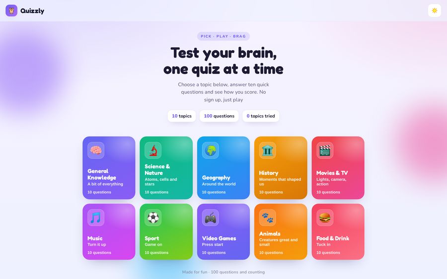 The Quizzly homepage